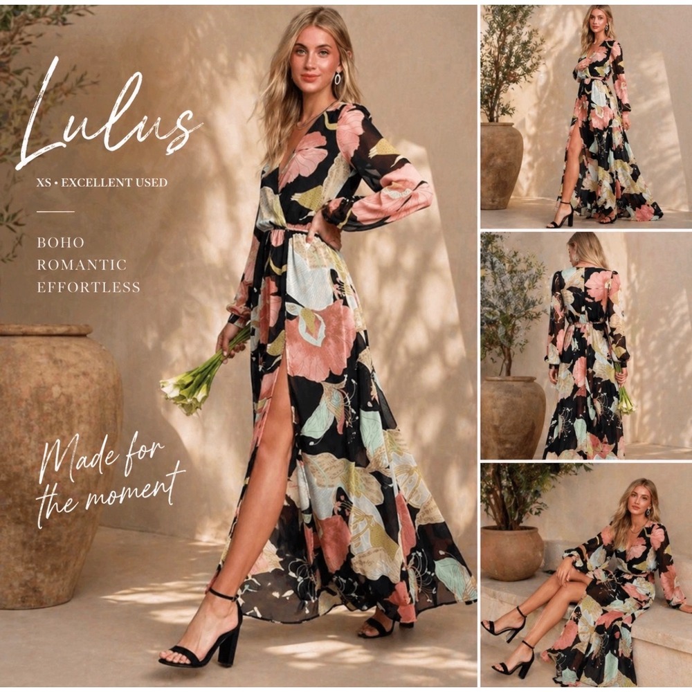Lulus XS Black Floral Wrap Maxi Dress Boho Wedding Guest Slit - Picture 9 of 9